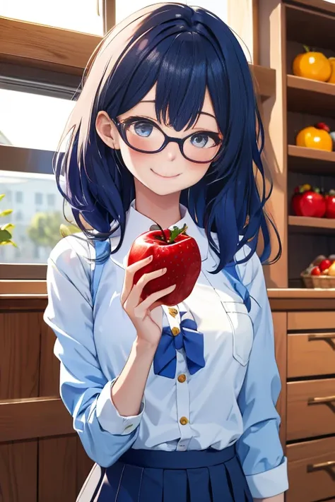 1girl,apple,bangs,black-framed eyewear,black hair,blue bow,blue eyes,blue hair,blueberry,blush,bow,bowtie,cherry,closed mouth,collared shirt,food,fruit,glasses,holding,holding food,holding fruit,long hair,long sleeves,looking at viewer,medium hair,orange (...