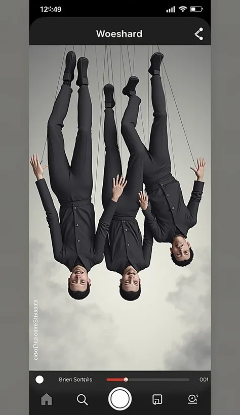 4 men dressed in all-black suits stuck together head to foot falling into an infinite hole 
