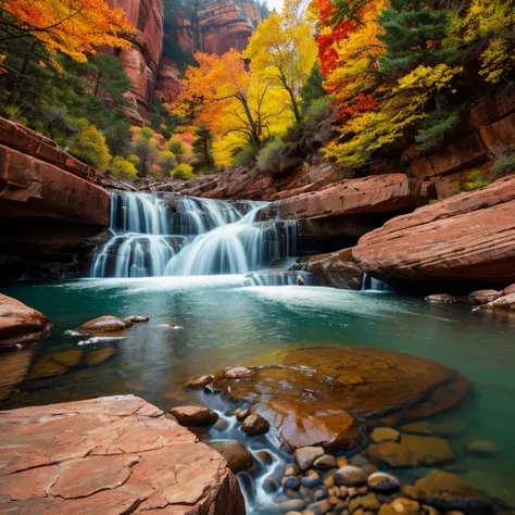  a serene waterfall cascading over smooth, reddish rock formations, surrounded by vibrant autumn foliage. A single tree with bright yellow leaves stands prominently, contrasting beautifully against the warm tones of the surrounding red rock cliffs. The wat...