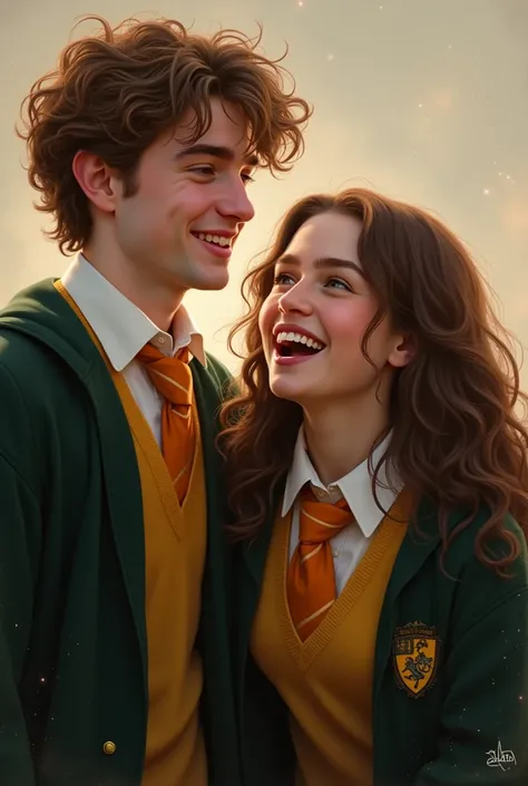 Cedric Diggory (Robert Pattinson younger) with a yellow Hufflepuff tie next to a brown-haired girl with an orange Gryffindor tie. she laughs while she&#39;s good