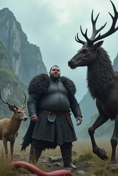  Henry Cavil dressed as a chubby beardless Jon Snow from Game of Thrones killing a dragon, A deer and a red snake