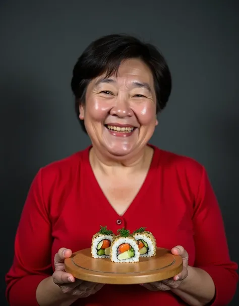 Realistic photo just below the chest, which depicts a Russian pensioner woman sideways, with short hair, medium fat, 6, round face shape, a bit plump, smiles, smooth face, red dress, joyfully holds a round wooden board with Japanese delicious rolls just ab...