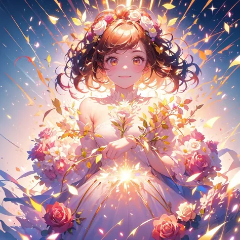 Masterpiece Anatomically Correct, Best Quality, High resolution, Rose flower person、Rose Fairy、Rose Costume、Surrounded by roses、A gentle gaze、A kind smile,Gold Hair, smile, Sparkle Effect, ((One Girl)),(( Alone)), 