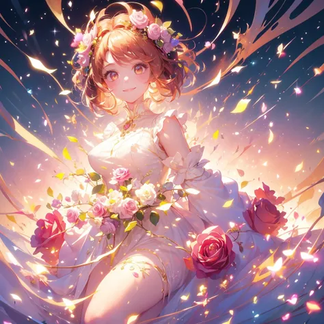 Masterpiece Anatomically Correct, Best Quality, High resolution, Rose flower person、Rose Fairy、Rose Costume、Surrounded by roses、A gentle gaze、A kind smile,Gold Hair, smile, Sparkle Effect, ((One Girl)),(( Alone)), 