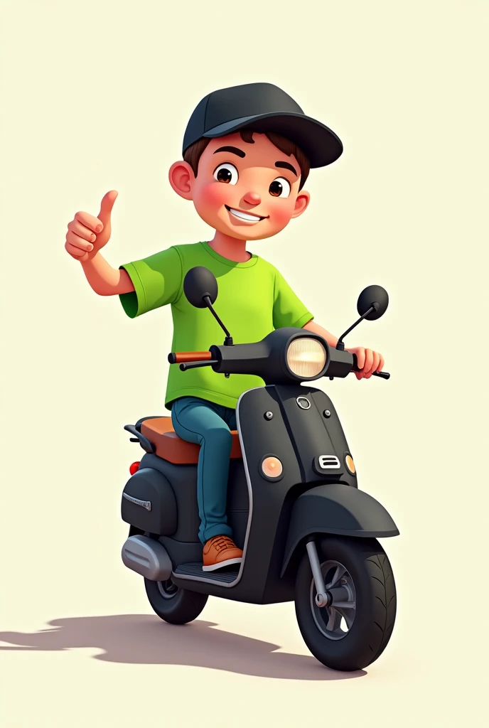 Create a boy on a motorcycle 2d, with fluorescent green shirt, black cap and black motorcycle, standing with your foot on the ground, giving a thumbs up, very humble motorcycle, he is a delivery man 