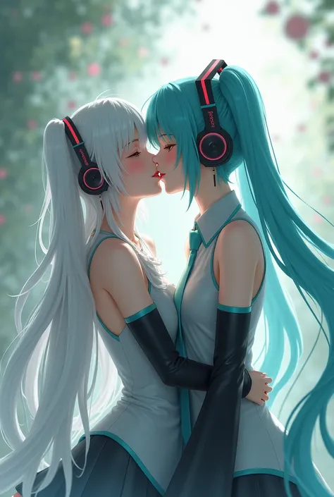 Realistic Vocaloids,  IA with white hair,sneaks up behind black-haired Hatsune Miku and kisses her on the cheek.