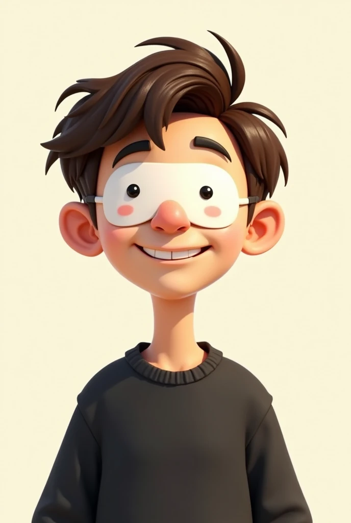 A male cartoon character in a black sweatshirt, beige skin, medium brown hair and a round white mask with a smile on it