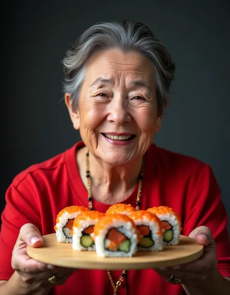 Realistic photo just below the chest, which depicts a Russian pensioner woman sideways, with short hair, medium fat, 6, round face shape, a bit plump, smiles, smooth face, red dress, joyfully holds a round wooden board with Japanese delicious rolls just ab...