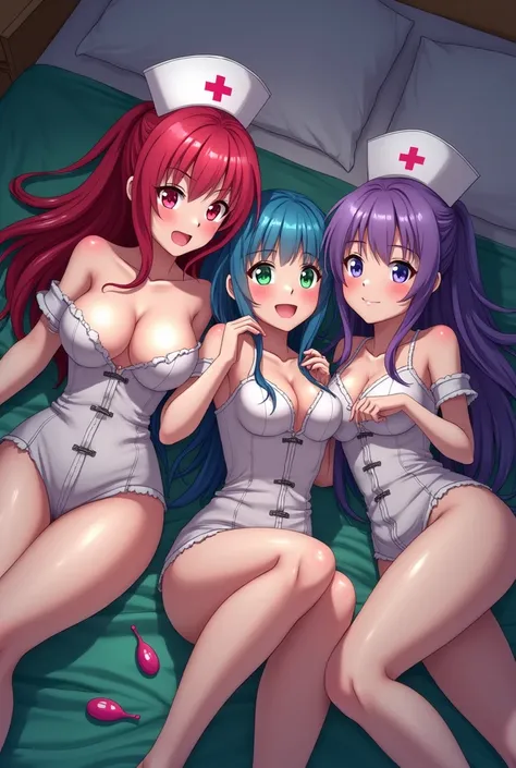 First anime character ultra realistic graphics , teenager  , linda, Long red hair , pink eyess ,  big breasts ,  very torn nurse&#39;s shirt without bra and panties in a very naughty position . Second Anime Character ultra realistic graphics , Long blue ha...