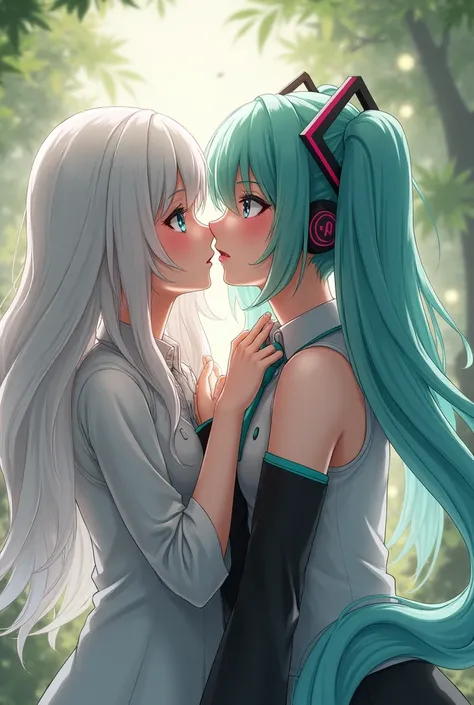 Realistic Vocaloids,  IA with white hair,sneaks up behind Hatsune Miku with black hair , kisses her on the cheek.