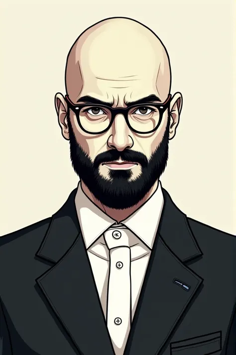 I want you to create a bald man with glasses and a beard looking straight ahead in a suit but like a drawing without painting.