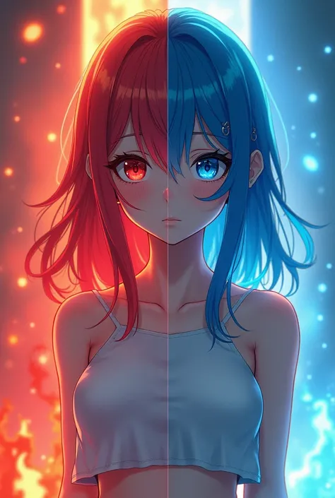 Anime, 1girl, duality, one sleeve, split screen, line between the middle, split the screen into two halves, split the girl into halves, split eye color, red and blue hair, white and black crop top, red eyeshadow and blue eyeshadow, red fire and blue water,...