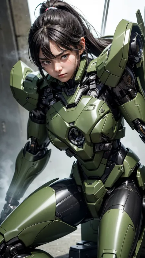 Textured skin, Very detailed, Attention to detail, high quality, 最high quality, High resolution, 1080P, hard disk, beautiful,(War Machine),beautifulサイボーグ女性,Dark Green Mecha Cyborg Girl,fight,Girl with a mechanical body,、A modest junior high school student　...