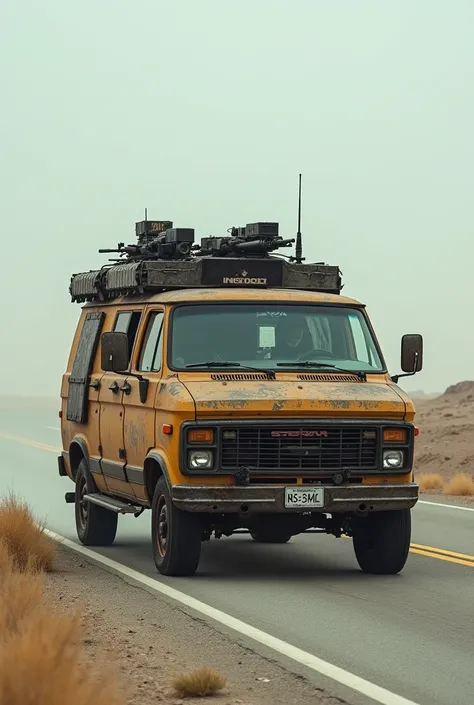 On a deserted highway, here comes a rusty 1985 van, reinforced with metal plates and shrapnel, with firearms installed on the ceiling. 