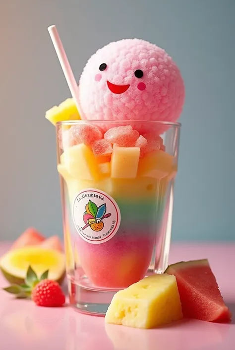 In a glass we put gelatin with pieces of pineapple and pieces of watermelon and then an Eskimo ball in a plastic glass with the frutifantastic logo