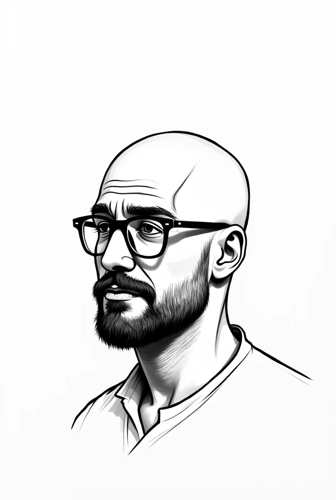 Generate a bald man with glasses, a beard only around the mouth, like to paint on him, I will make a suit and make it a full body in black and white, like to paint and draw, nothing painted, I just want it in strokes, like to draw 