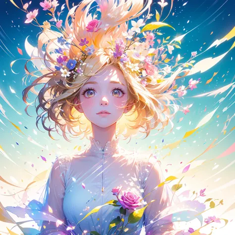 (masterpiece、Best Quality、Best Quality、Beautiful and beautiful:1.2)、Excellent anatomy、（Watercolor painting 1.5）、Long Shot、straight short hair images、Blonde、Golden Hair Color, Beautiful Face、Beautiful profile, Look up at the sky, I pray, Rose Fairy Rose Flo...