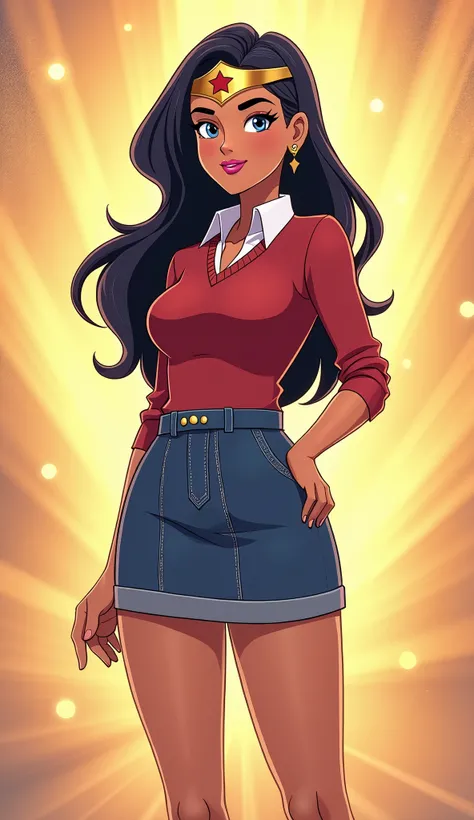 (Close up), (Close up from top of head to bottom of thigh) ((Diana Prince from DC Super Hero Girls 2019)), Diana is a slender, beautiful and tall and tan-skinned young Amazonian demigod with an athletic and fit hourglass figure, thick black eyebrows, sky-b...