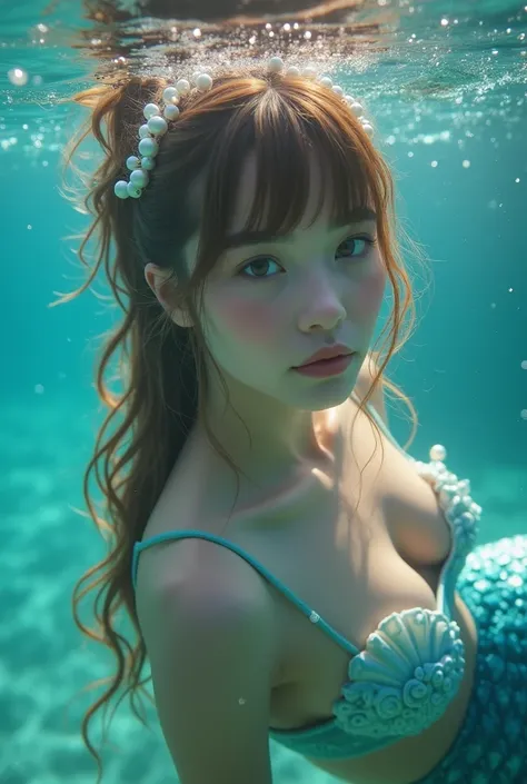 A beautiful European mermaid with light brown hair with bangs that is worn in a ponytail tied up with a band of white pearls. She wears a coral blue seashell bra and has a coral blue mermaid tail. She has light brown eyes