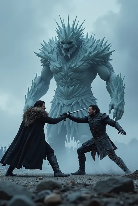  Henry Cavil dressed as Jon Snow without a beard fighting with swords against the night king made of ice 