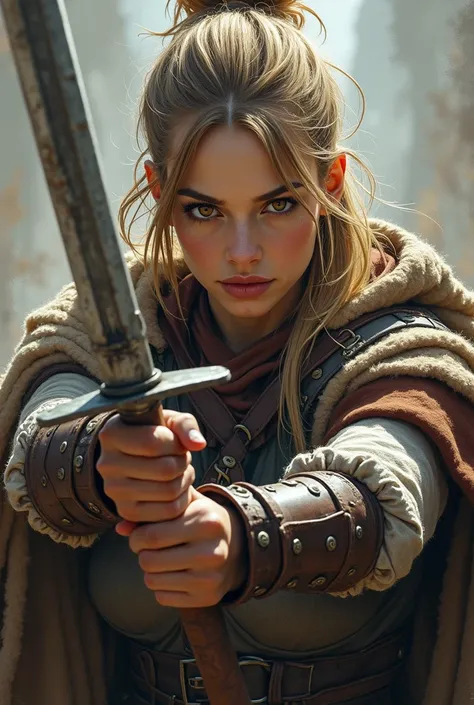 Create me a woman , thin nose , mouth without lipstick, war clothing ,dark blonde hair ,brown eyes , white , with a sword in his hand , Elizabeth o nome dela  