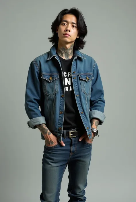 The boy is Asian and the boy is 30 years old and the boy in the picture is wearing a denim coat with a slightly loose fit. The coat has a classic collar, buttoned cuffs and appears to have a worn or faded finish. Under the denim coat, A black t-shirt can b...