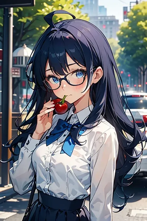 1girl, A girl stuffing her face with french friesbangs,black-framed eyewear,black hair,blue bow,blue eyes,blue hair,blueberry,blush,bow,bowtie,cherry,A short-sleeved white shirt with four vertical bow ties, hard areolas, protruding areolas,Ahoge, long bob ...