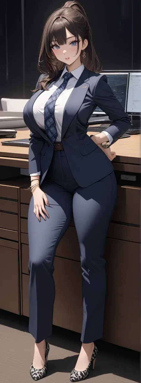 ((masterpiece)), ((high quality)),((ultra-detailed)), ((extremely detailed)),4k,8k, wearing navy pants suit, 2, in office suit, ...