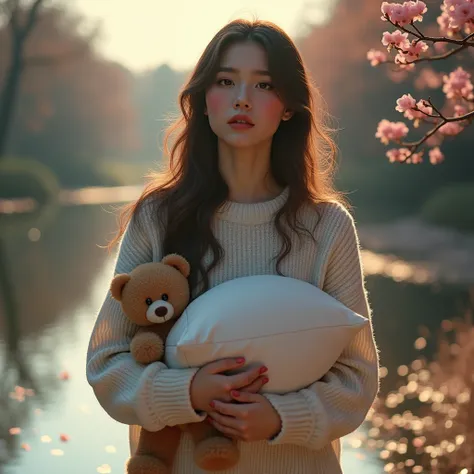 1girl walking on the river, mix4, sweater, pillow, lips, open_mouth, realistic, photo_(medium), solo, stuffed_animal, stuffed_toy, teddy_bear,(masterpiece),(photorealistic:1.3), ultra-detailed, (high detailed skin:1.2),(best quality:1.0), (ultra highres:1....