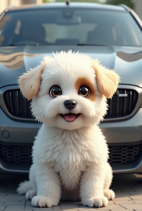 Small white dog with brown spot on one eye and dark grey 2015 BMW 