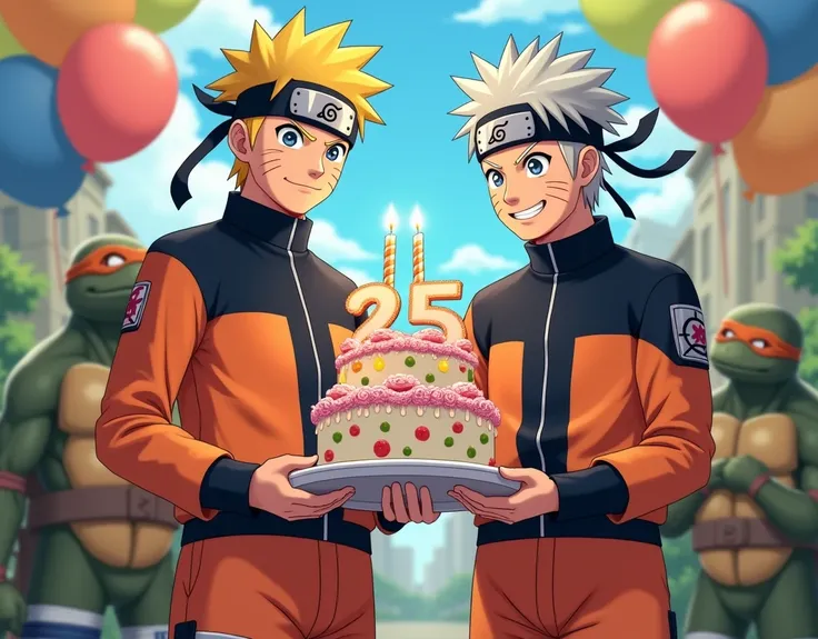 A cheerful scene with Naruto and Masashi Kishimoto 
celebrating Narutos 25th anniversary. Naruto is standing 
confidently in his classic ninja outfit, smiling while posing 
for a photo with Masashi Kishimoto. Kishimoto is proudly 
holding a 25th birthday c...