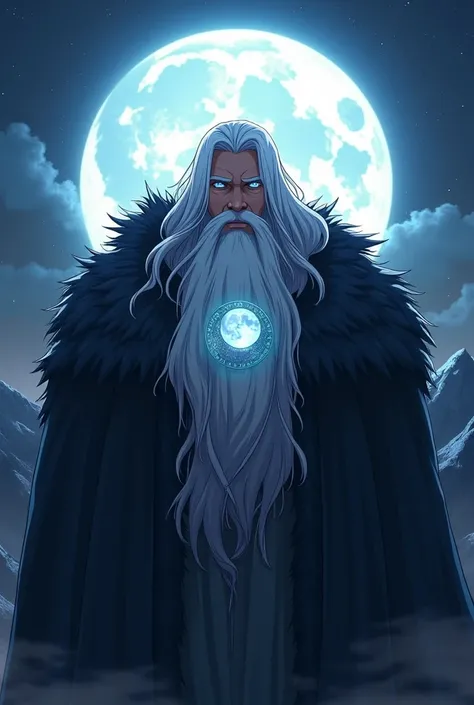 A strong man with a big white beard, long white hair, blue eyes and black fur. With a moon necklace around his neck. anime style