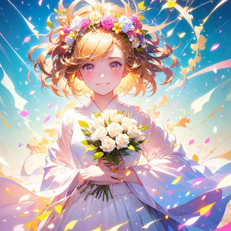 (masterpiece、Best Quality、Best Quality、Beautiful and beautiful:1.2)、(Perfect Anatomy:1.2)、Girl with straight golden hair、Flower Fairy、Rose Fairy,Rose flower,White rose costume、A radiant smile、Shining Eyes、Looking into the camera、Flowers and leaves on head、...