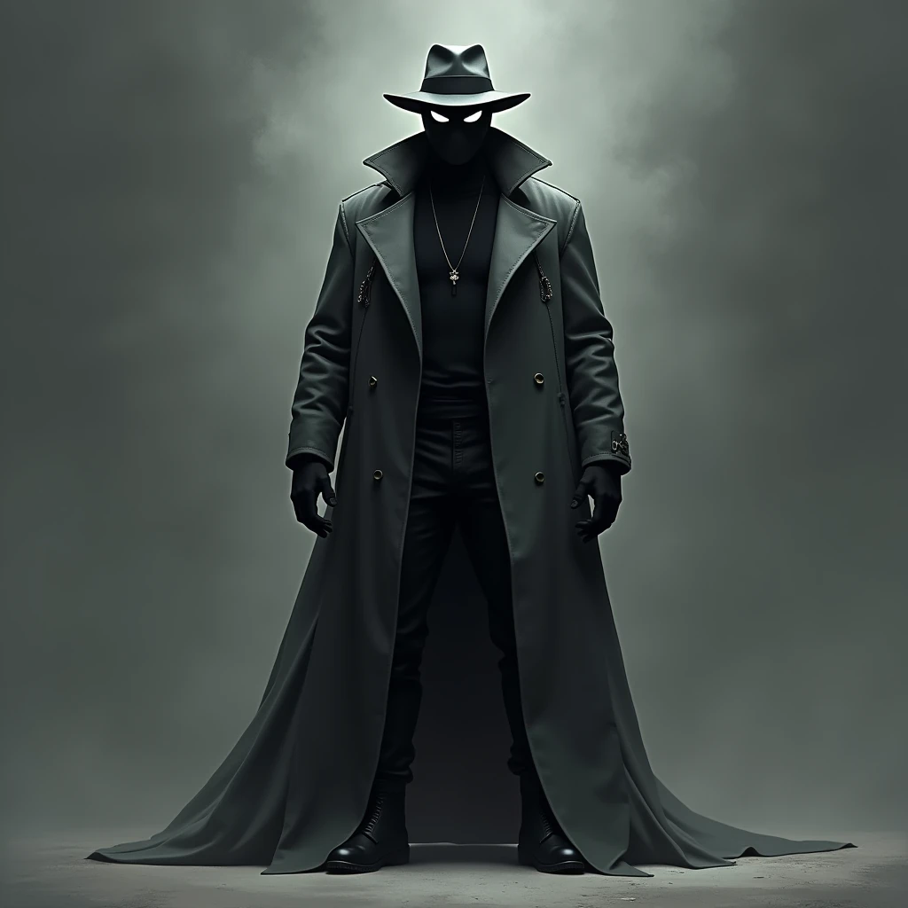  human wears a black full mask with white eyes, wears a black sweater with black pants and black boots, over which he wears a long gray coat, he also wears black gloves and a gray fedora hat. He is 7 feet tall and has broad shoulders.