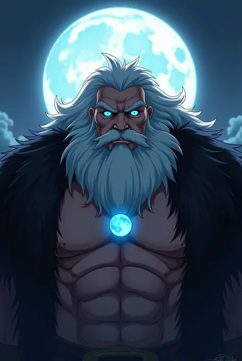 A strong man with a big white beard, long white hair, blue eyes and black fur. With a moon necklace around the neck without the top part of the clothes. anime style