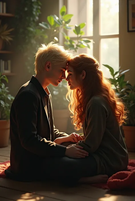 Draco Malfoy (male and blonde), Hermione Granger(female and Chestnut) are teenage lovers
indoors, soft lighting, plants in background, window with sunlight, cozy room, sitting ,realistic, intricate details, warm colours in Hogwarts 