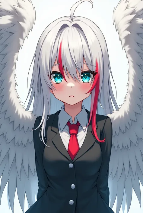 Boku no hero academia, , long straight white hair with red highlights, side stripe, a little messy, slanted eyes, turquoise eyes,
beautiful eyelashes, confused expression, wearing school uniform, with big white wings