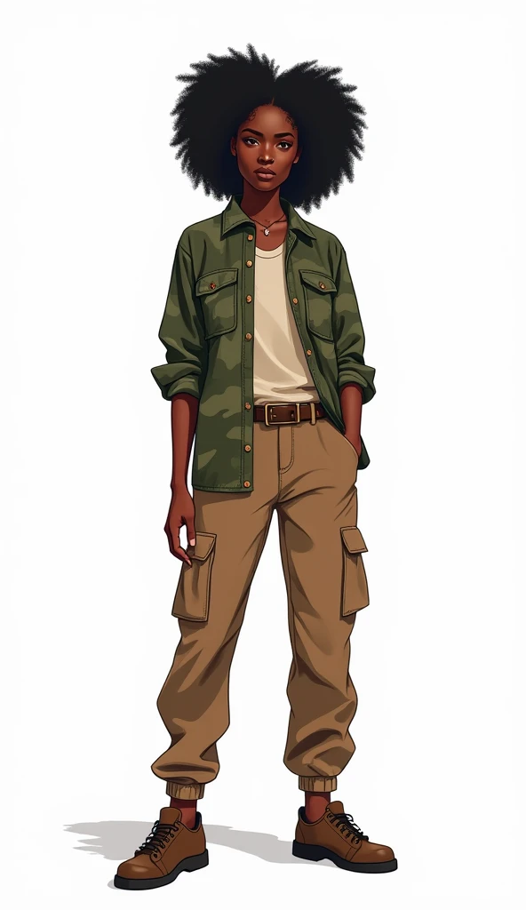 Drawing of a 20 year old black woman (curly hair) Full length camouflage shirt with brown cargo pants, lineal, Contours, white background