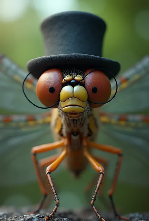 (photorealism:1.2), dragonfly insect with tophat and monocle 