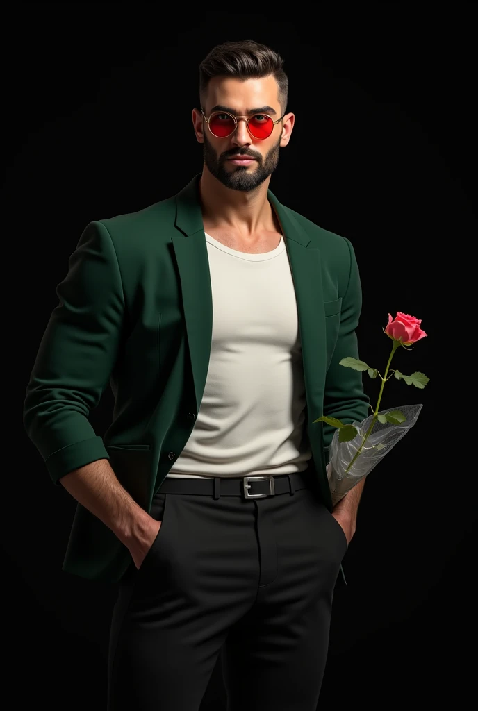 Handsome muscular Israeli man, beautiful face, green eyes, trimmed beard, transparent red aviator glasses, green blazer with a little red, white t-shirt underneath, black pants, hands in pockets, black background, , short hair, thin and delicate guy, Holdi...