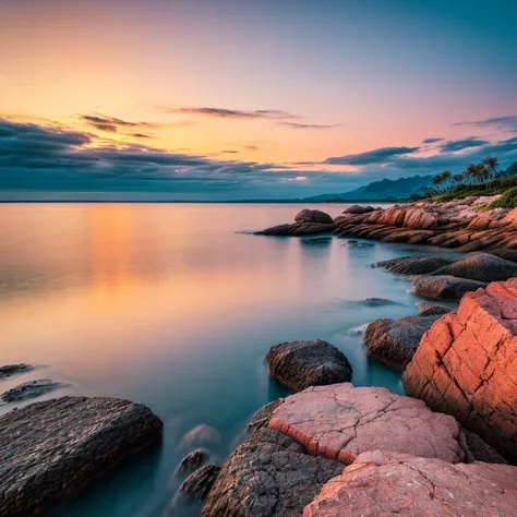 award-winning capture, vogue, high- quality, of a tranquil coastal scene at sunset. The horizon is illuminated with vibrant shades of orange and pink, reflecting beautifully on the calm waters. In the foreground, rocky formations create a rugged texture, c...