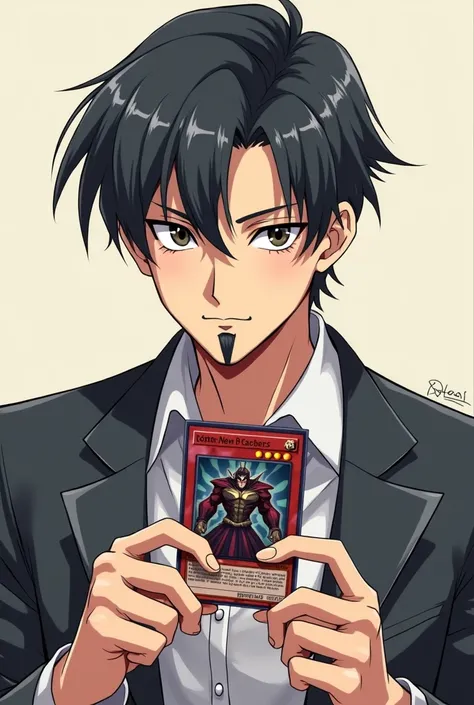 anime style young slim man with short hair parted in the middle.  mustache and beard on the chin.  holding a yugioh card