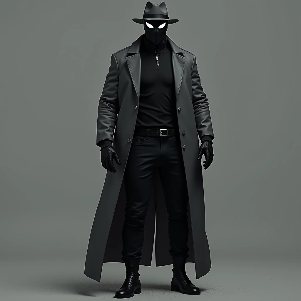  human wears a black full mask with white eyes, wears a black sweater with black pants and black boots, over which he wears a long gray coat that was almost to the feet. he also wears black gloves and a gray fedora hat. He is 7 feet tall and has broad shou...