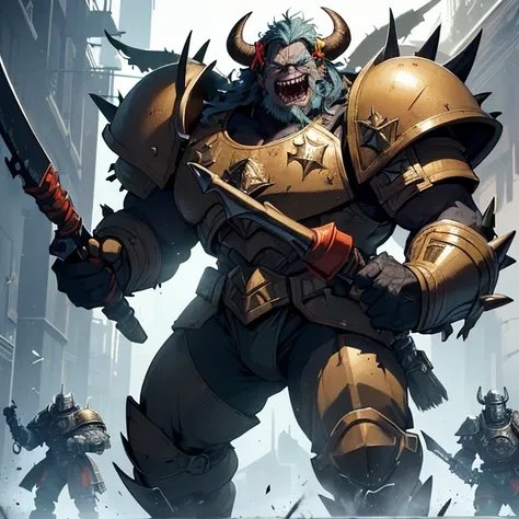 Absurdres, masterpiece, best high quality image, very detailed features, very detailed textures, carefuly detailed with no deformed parts in all the artwork, not censored violence and bleeding, “warhammer 40K Ork aesthetic”, only solo character, full body ...