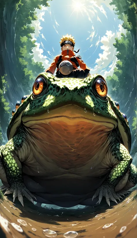 a striking, fisheye lens shot captures naruto sitting atop a massive striped toad from a dramatic,looking down viewer, low-angle...