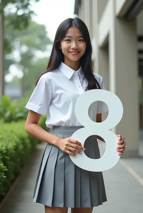 a Girl wearing white and grey uniforms like high school uniforms in Indonesia carry a number 8 sign