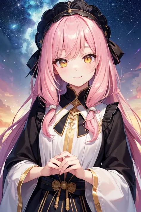 Black gold-rimmed headband、Pink Hair, Nadeshiko bob long hair, (Beautiful yellow eyes、Shining Eyes, fine grain)、A happy, saintly, soft smile、A smiling face with the corners of the mouth turned up、Smiling Eyebrows、Very detailed eyes、Highly detailed face, Hi...