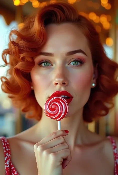 ((Masterpiece)), (((Highest quality))), ((Very detailed)), ((Photorealistic)), a close-up front view of  seductive Jennifer Lawrence with red, curly hair reminiscent of Marilyn Monroe. She is holding a red and white lollipop, her lips painted a deep red. H...