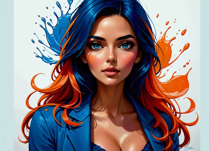 a beautiful woman, highlighted in vibrant colors like a colored pencil drawing, removing hair from face. The woman is very well dressed in a mix of shades of blue, pink and orange, with intricate details highlighting their garments. Around her are splashes...