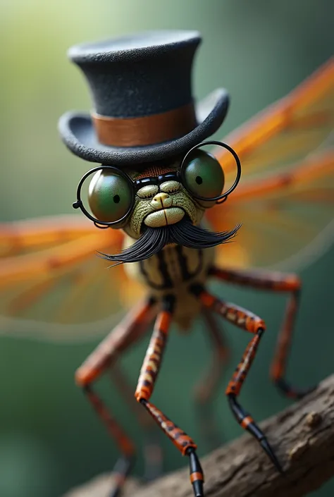 (photorealism:1.2), dragonfly insect with a mustache, tophat and monocle 